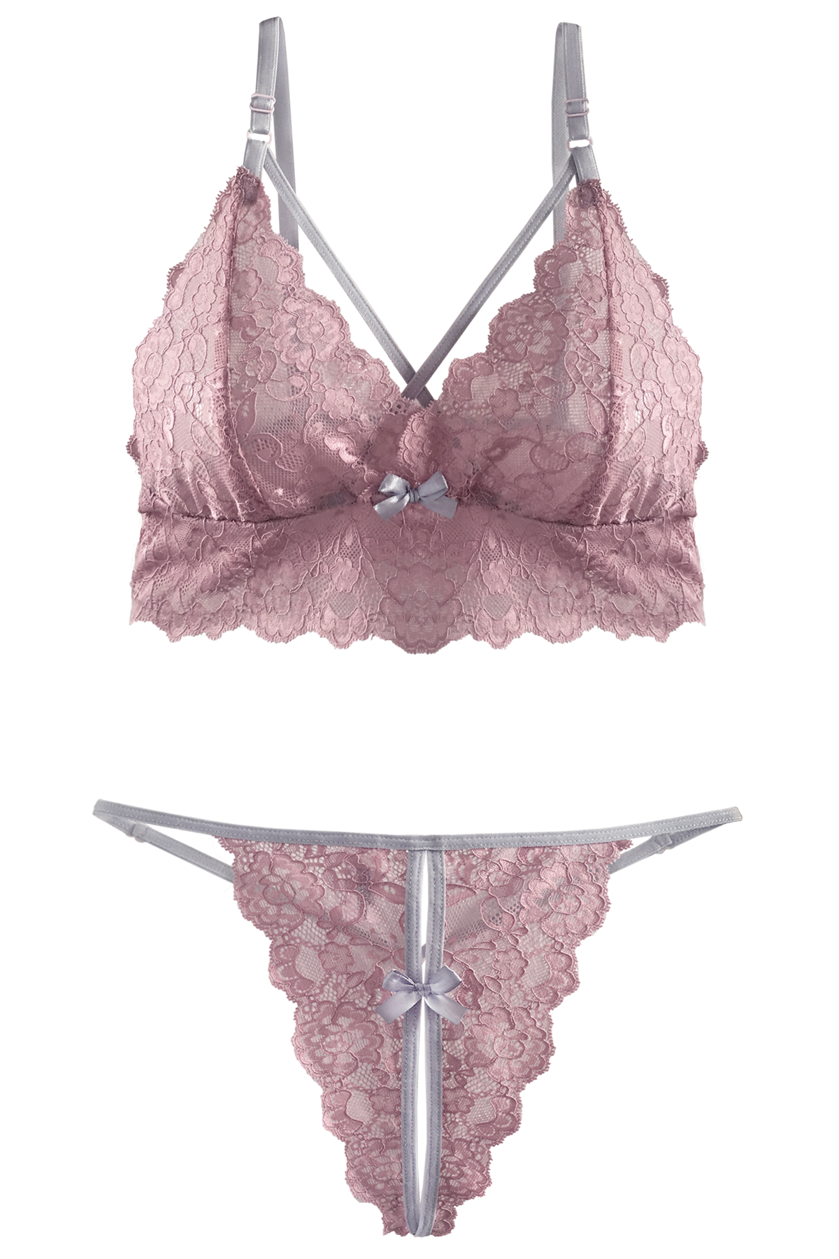 Blush Pink Bralette And Split Crotch T String Set Lingerie Letters